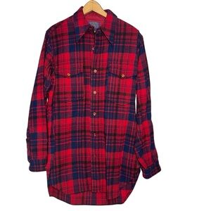 Vintage Pendleton Field Shirt Red & Blue Plaid Virgin Wool 15 1/2 Long 60’s 70’s